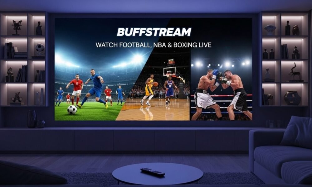 Live sports streaming interface on Buffstream showing football and basketball matches across multiple devices