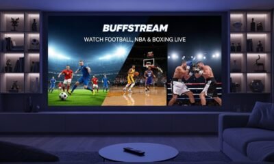 Live sports streaming interface on Buffstream showing football and basketball matches across multiple devices