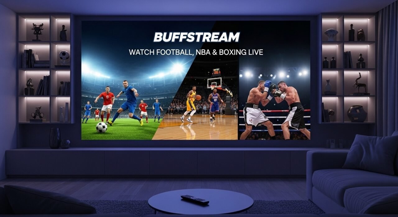 Live sports streaming interface on Buffstream showing football and basketball matches across multiple devices