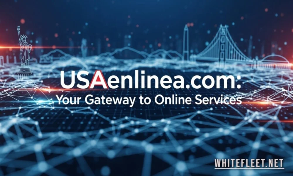 Laptop screen displaying usaenlinea .com homepage with bilingual job listings, government services, and online resources for Spanish speakers