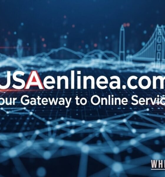 Laptop screen displaying usaenlinea .com homepage with bilingual job listings, government services, and online resources for Spanish speakers