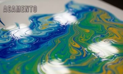 A vibrant artwork showcasing smooth, shiny, and colorful surfaces created using the Acamento process