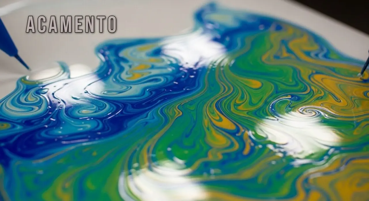 A vibrant artwork showcasing smooth, shiny, and colorful surfaces created using the Acamento process