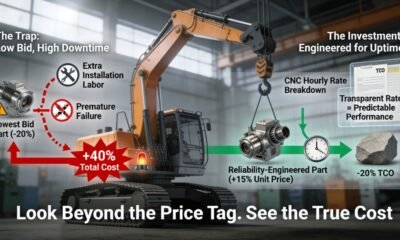 A heavy crane in a maintenance yard, with two cost streams flowing from a highlighted bracket. A red, broken stream shows a cheap part leading to installation issues, failure, and +40% cost. A green, smooth stream shows a reliable part leading to long uptime and -20% Total Cost of Ownership (TCO), contrasting procurement traps with value investment.