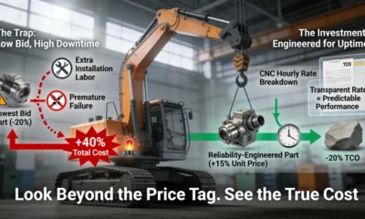 A heavy crane in a maintenance yard, with two cost streams flowing from a highlighted bracket. A red, broken stream shows a cheap part leading to installation issues, failure, and +40% cost. A green, smooth stream shows a reliable part leading to long uptime and -20% Total Cost of Ownership (TCO), contrasting procurement traps with value investment.