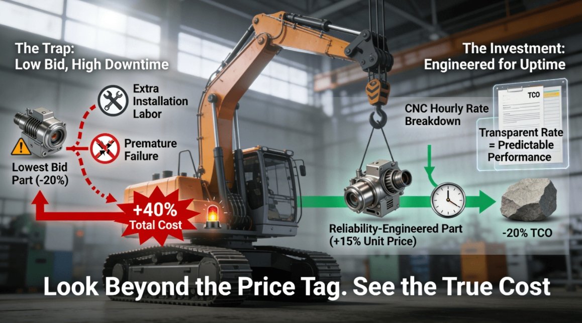 A heavy crane in a maintenance yard, with two cost streams flowing from a highlighted bracket. A red, broken stream shows a cheap part leading to installation issues, failure, and +40% cost. A green, smooth stream shows a reliable part leading to long uptime and -20% Total Cost of Ownership (TCO), contrasting procurement traps with value investment.
