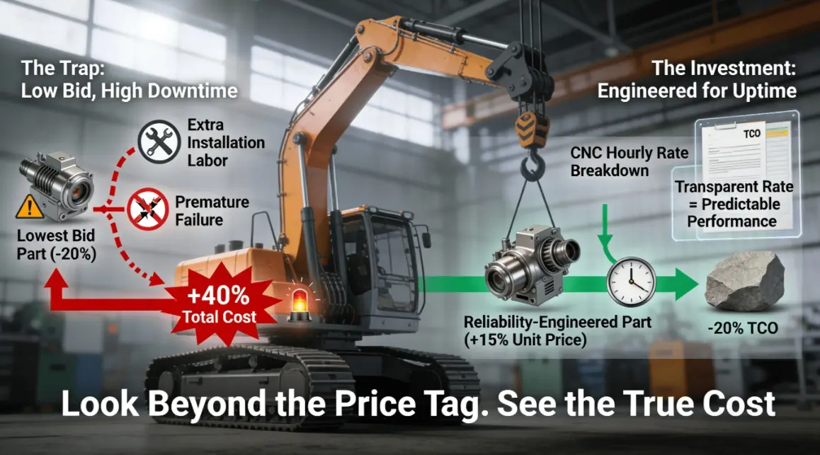 A heavy crane in a maintenance yard, with two cost streams flowing from a highlighted bracket. A red, broken stream shows a cheap part leading to installation issues, failure, and +40% cost. A green, smooth stream shows a reliable part leading to long uptime and -20% Total Cost of Ownership (TCO), contrasting procurement traps with value investment.
