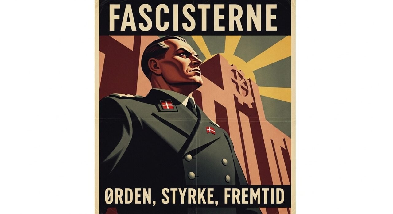 A historical depiction of fascisterne with symbols of early 20th-century fascist movements.