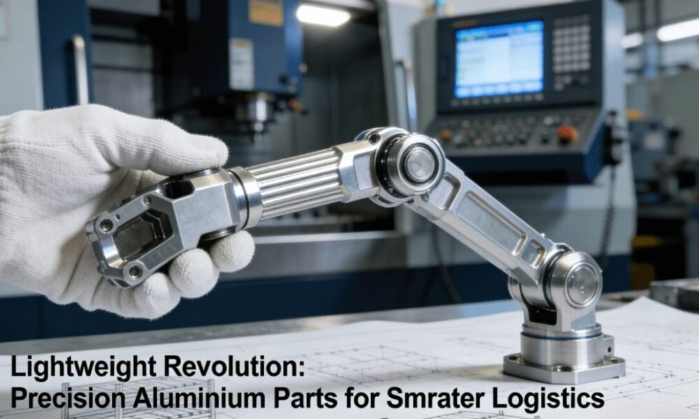 A precision-machined aluminium part held in a gloved hand, placed over logistics blueprints, with a CNC turning center in the background. Represents lightweight, durable components for transportation and warehousing equipment.