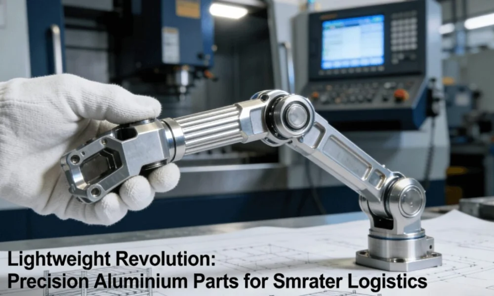 A precision-machined aluminium part held in a gloved hand, placed over logistics blueprints, with a CNC turning center in the background. Represents lightweight, durable components for transportation and warehousing equipment.