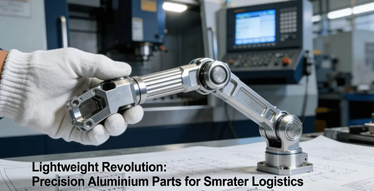 A precision-machined aluminium part held in a gloved hand, placed over logistics blueprints, with a CNC turning center in the background. Represents lightweight, durable components for transportation and warehousing equipment.