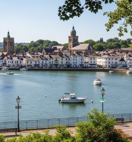 Scenic view of Pabington town featuring historic buildings, lush landscapes, and vibrant Market Square filled with local artisans