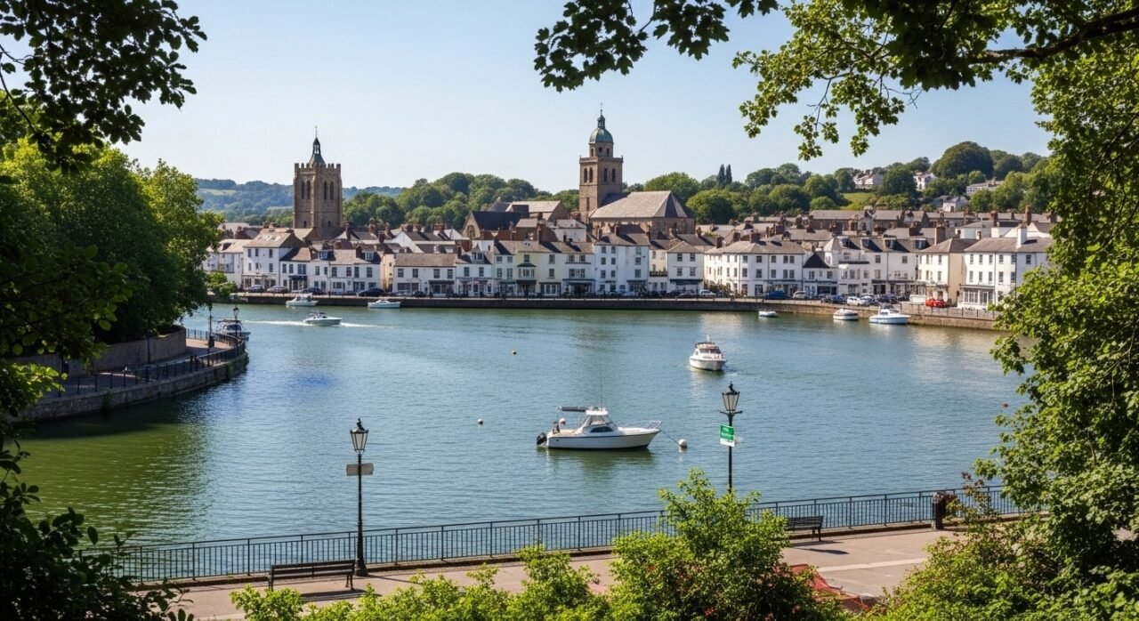 Scenic view of Pabington town featuring historic buildings, lush landscapes, and vibrant Market Square filled with local artisans